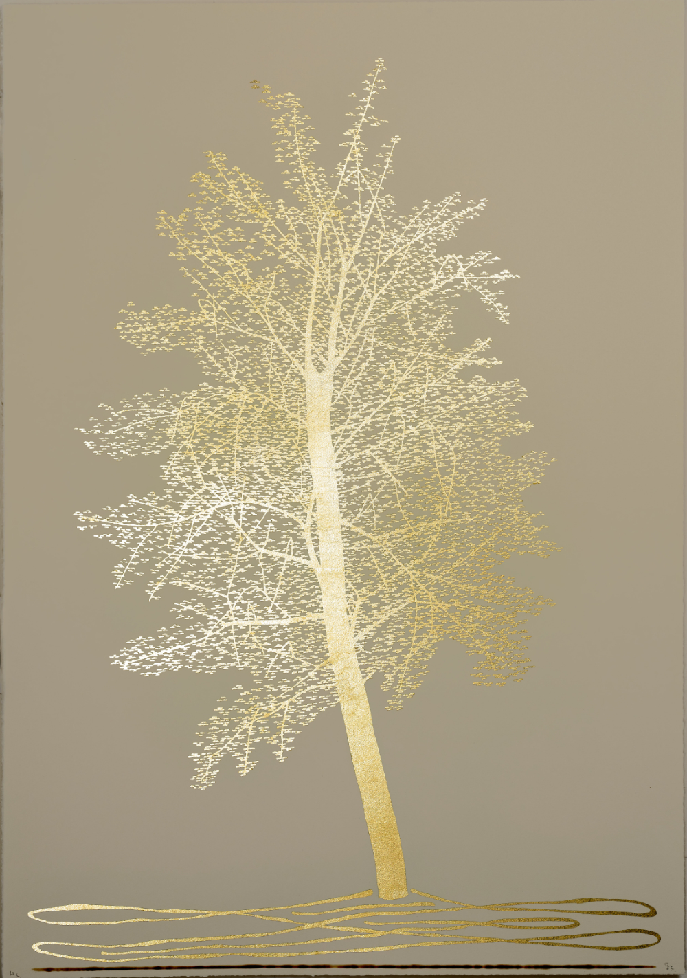 The Midas Trees 3, 100 x 70 cm, Lithograph with 24ct goldleaf and fire, 2022