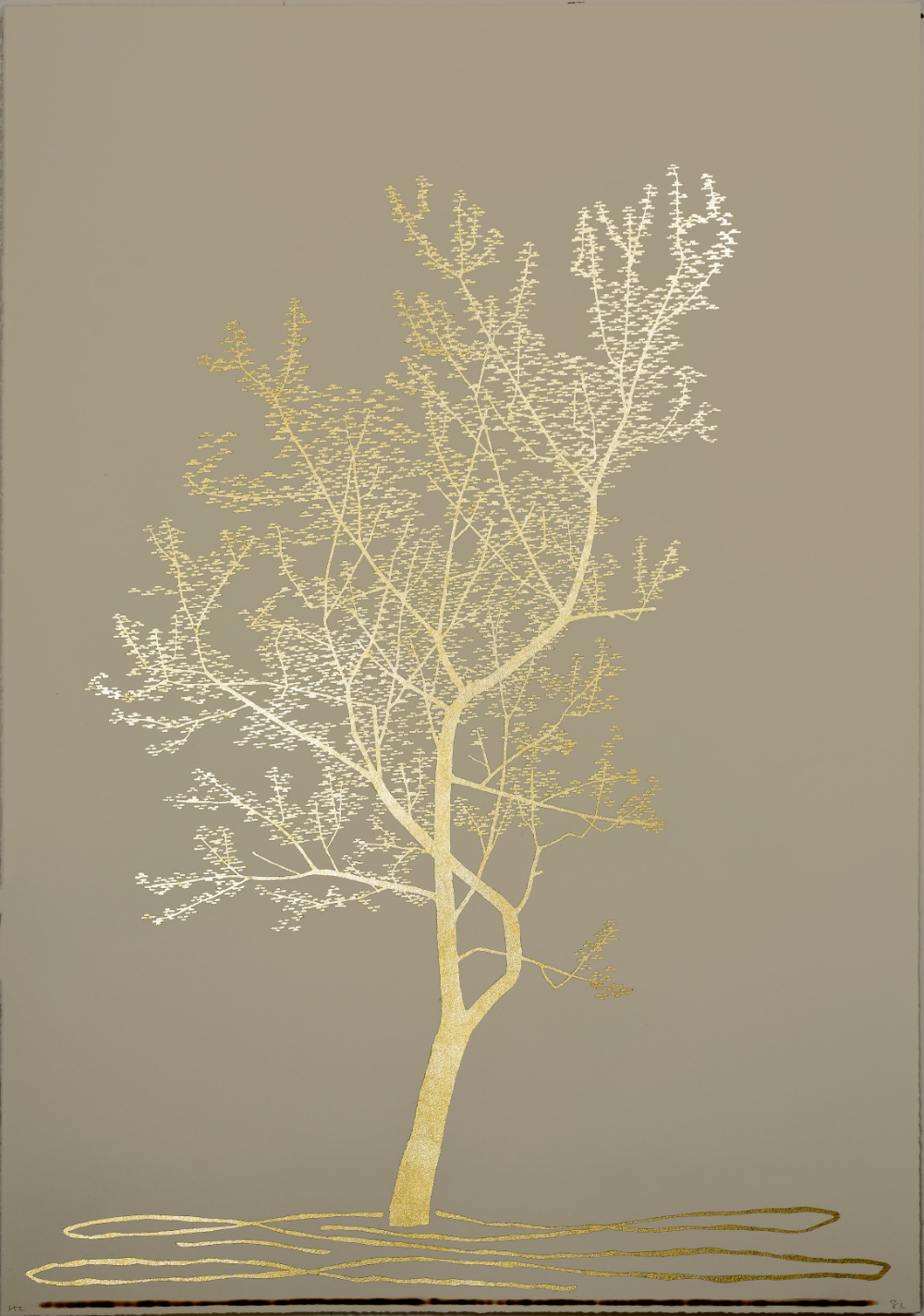 The Midas Trees 4, 100 x 70 cm, Lithograph with 24ct goldleaf and fire, 2022