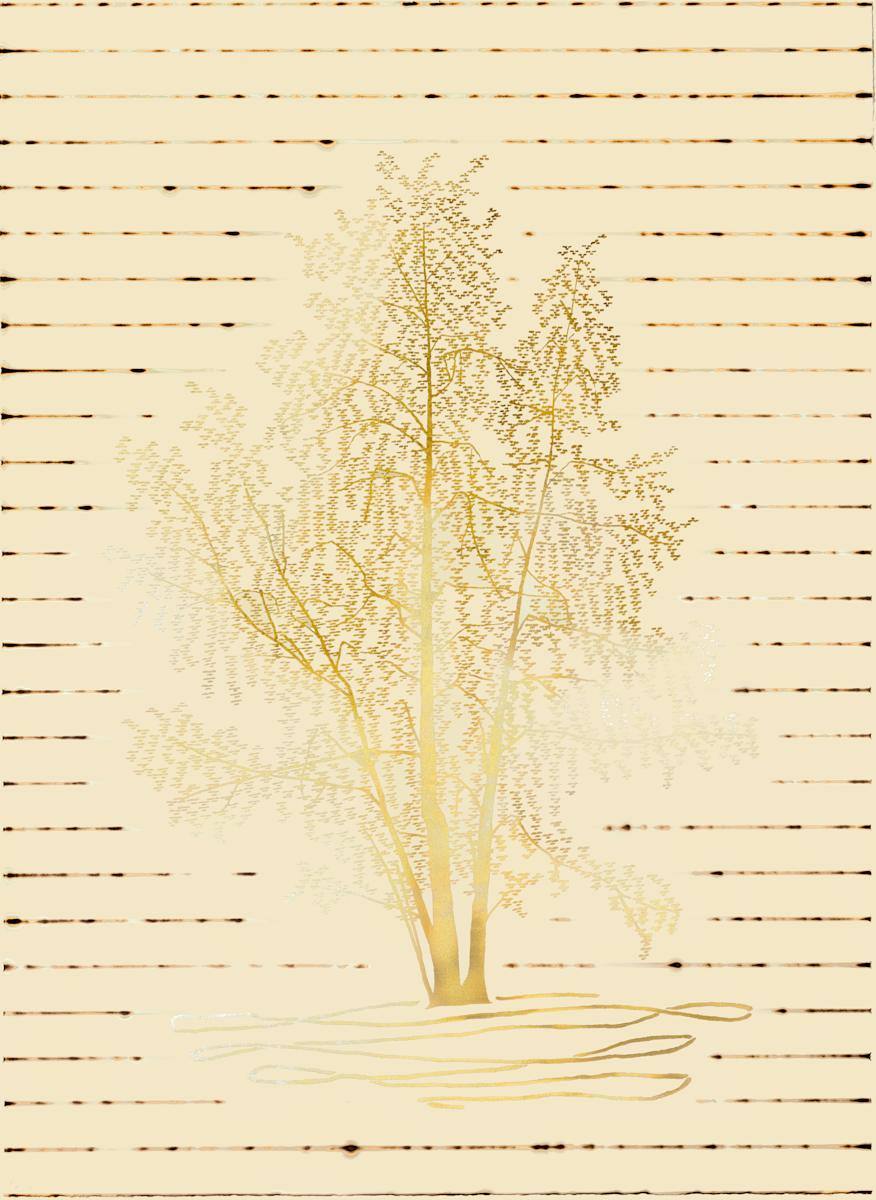 The Pomeranian Tree 1 The Pomeranian Trees 1, 77 x 56 cm, Lithograph with 24ct gold leaf and fire, 2025